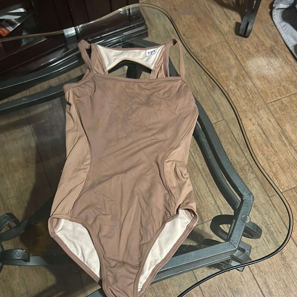 Tan One Piece dance leotard with Square Neckline and High Cut Legs